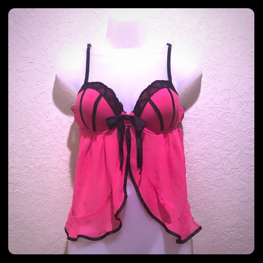 {Apt 9}Hot pink/black bow-tie teddy w/black piping